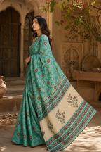 Soft Georgette Ajrakh Print Saree With Unstitched Blouse(Green)