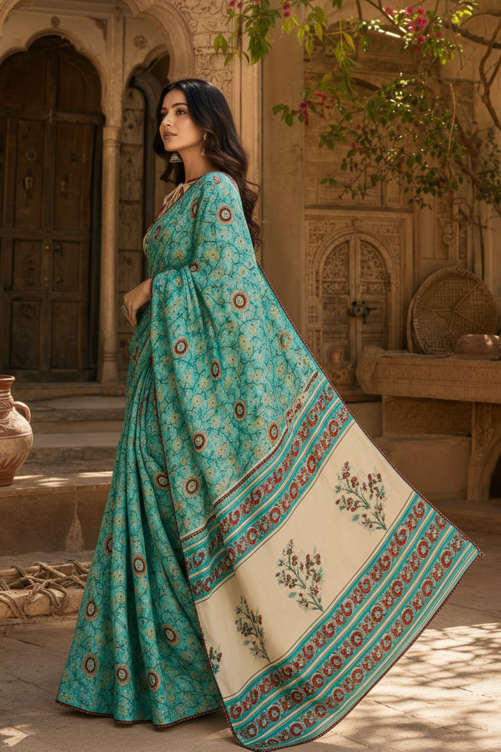 Soft Georgette Ajrakh Print Saree With Unstitched Blouse(Green)