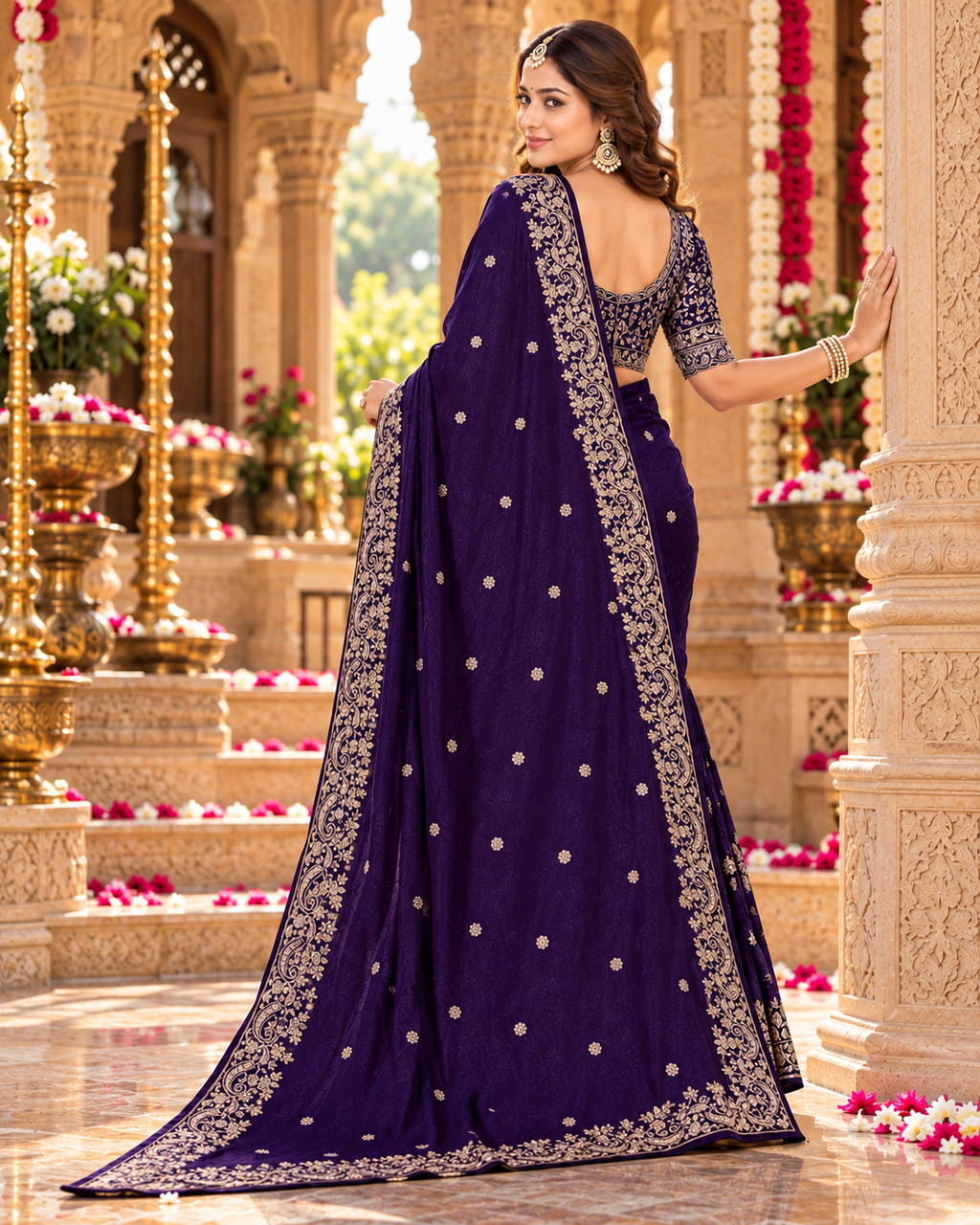Pure Silk Party Wear Saree With Unstitched Blouse(Navy Blue)