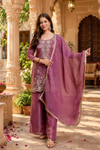 Tissue Silk Kurti Palazzo With Dupatta Set(Purple)