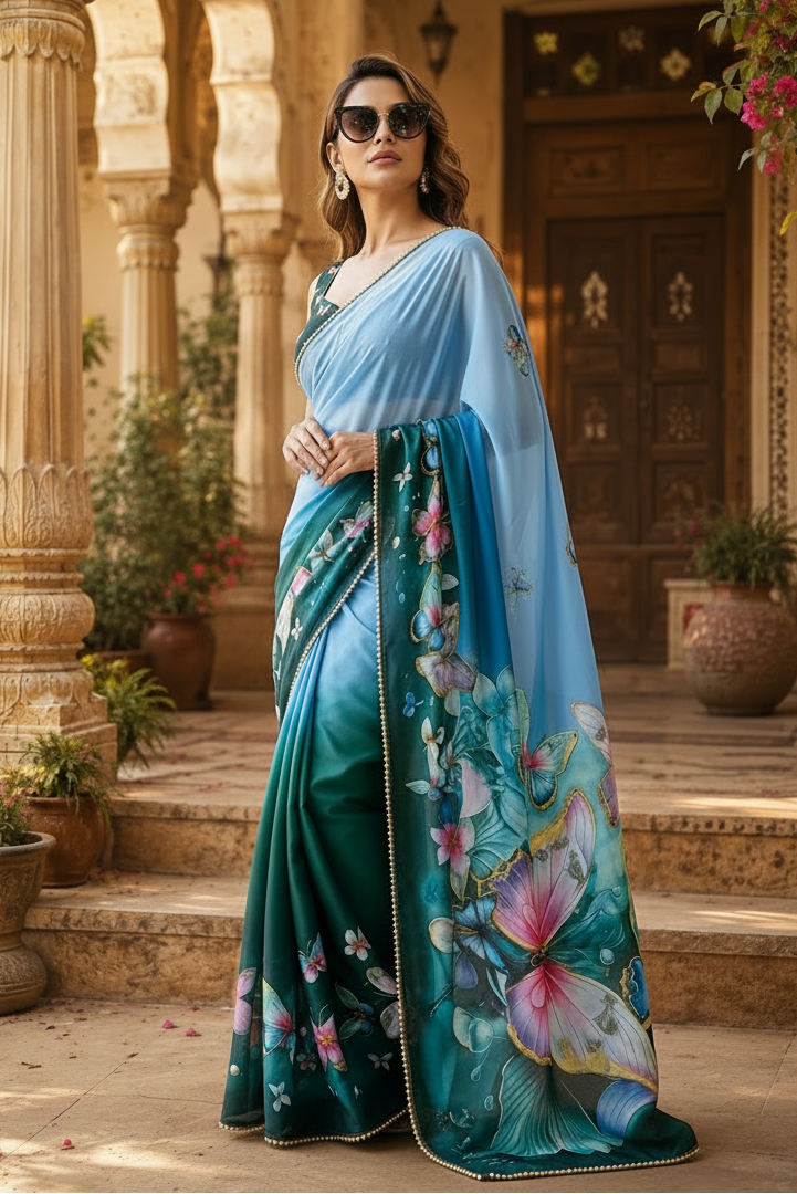 Georgette Printed Saree With Unstitched Blouse(Green)