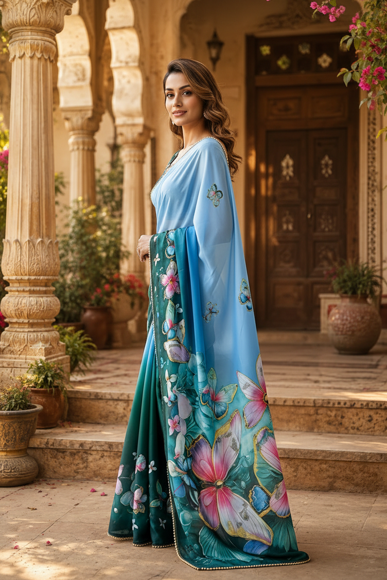 Georgette Printed Saree With Unstitched Blouse(Green)