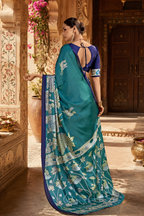 Satin Silk Kalamkari Print Saree With Unstitched Blouse(Green)
