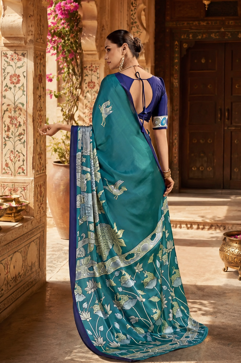 Satin Silk Kalamkari Print Saree With Unstitched Blouse(Green)
