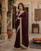 Georgette Lace Border Saree With Unstitched Blouse(Maroon)