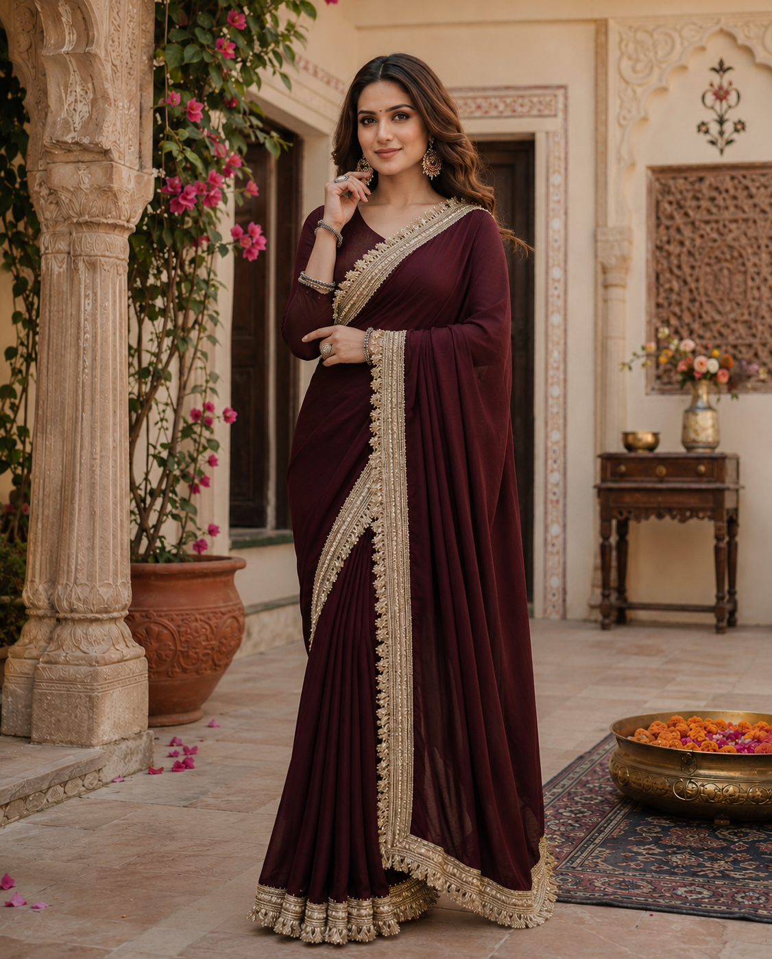 Georgette Lace Border Saree With Unstitched Blouse(Maroon)