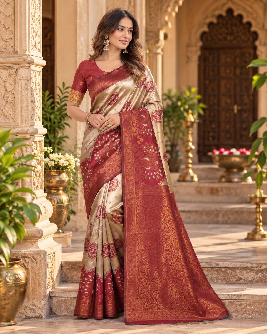Banarasi Zari Weaving Saree With Unstitched Blouse(Beige)