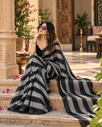 Cotton Digital Printed Saree With Unstitched Blouse(Black)