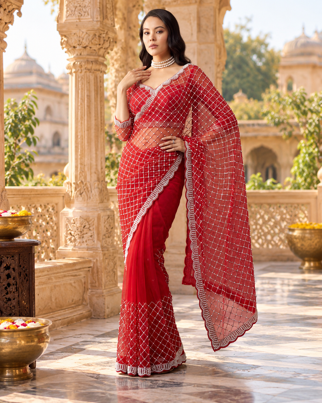 Net Silk Pearl Embroidery Work Premium Saree With Unstitched Blous(Red)