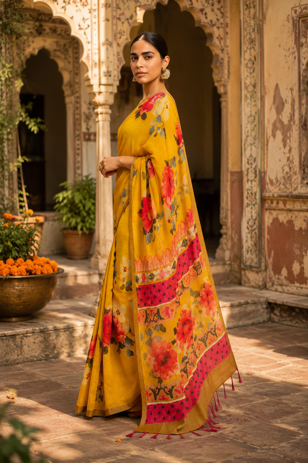 Linen Printed Saree With Unstitched Blouse(Yellow)