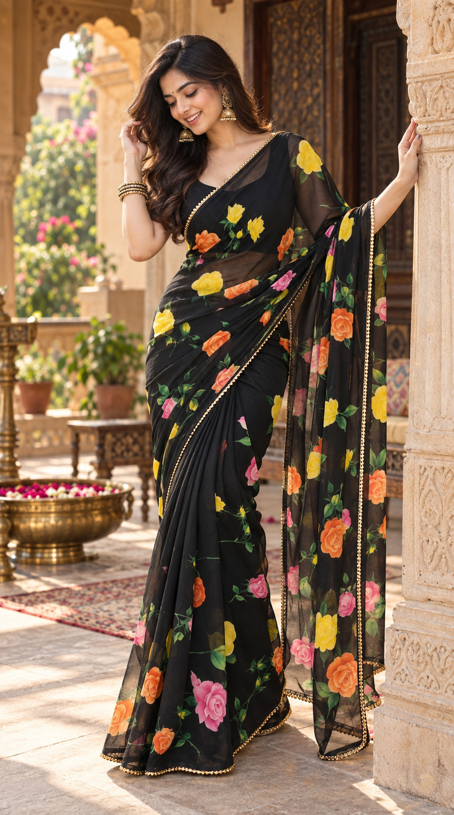 Georgette Digital Print Saree With Unstitched Blouse(Black)