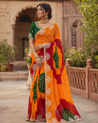Georgette Bandhani Print Saree With Unstitched Blouse(Mustard)