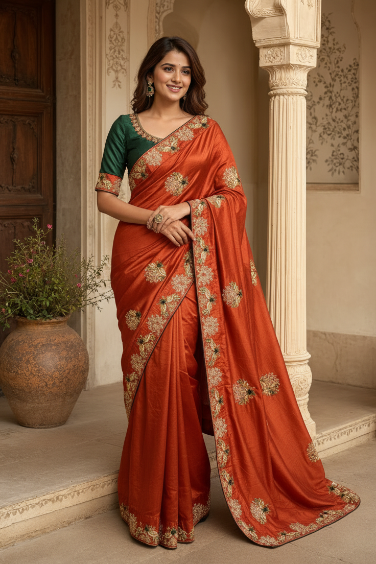 Premium Satin Silk Saree With Unstitched Blouse(Red)