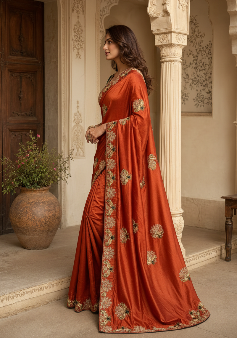 Premium Satin Silk Saree With Unstitched Blouse(Red)