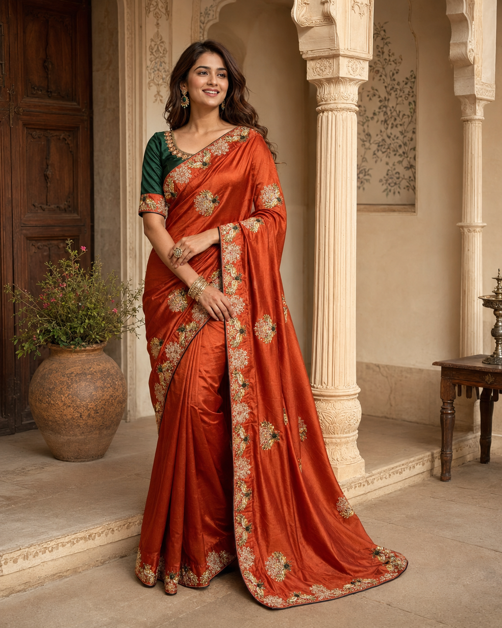 Premium Satin Silk Saree With Unstitched Blouse(Red)