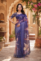 Linen Printed Saree With Unstitched Blouse(Violet)