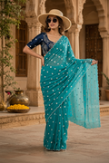 Georgette Embroidery Work Saree with Unstitched Blouse(Blue)