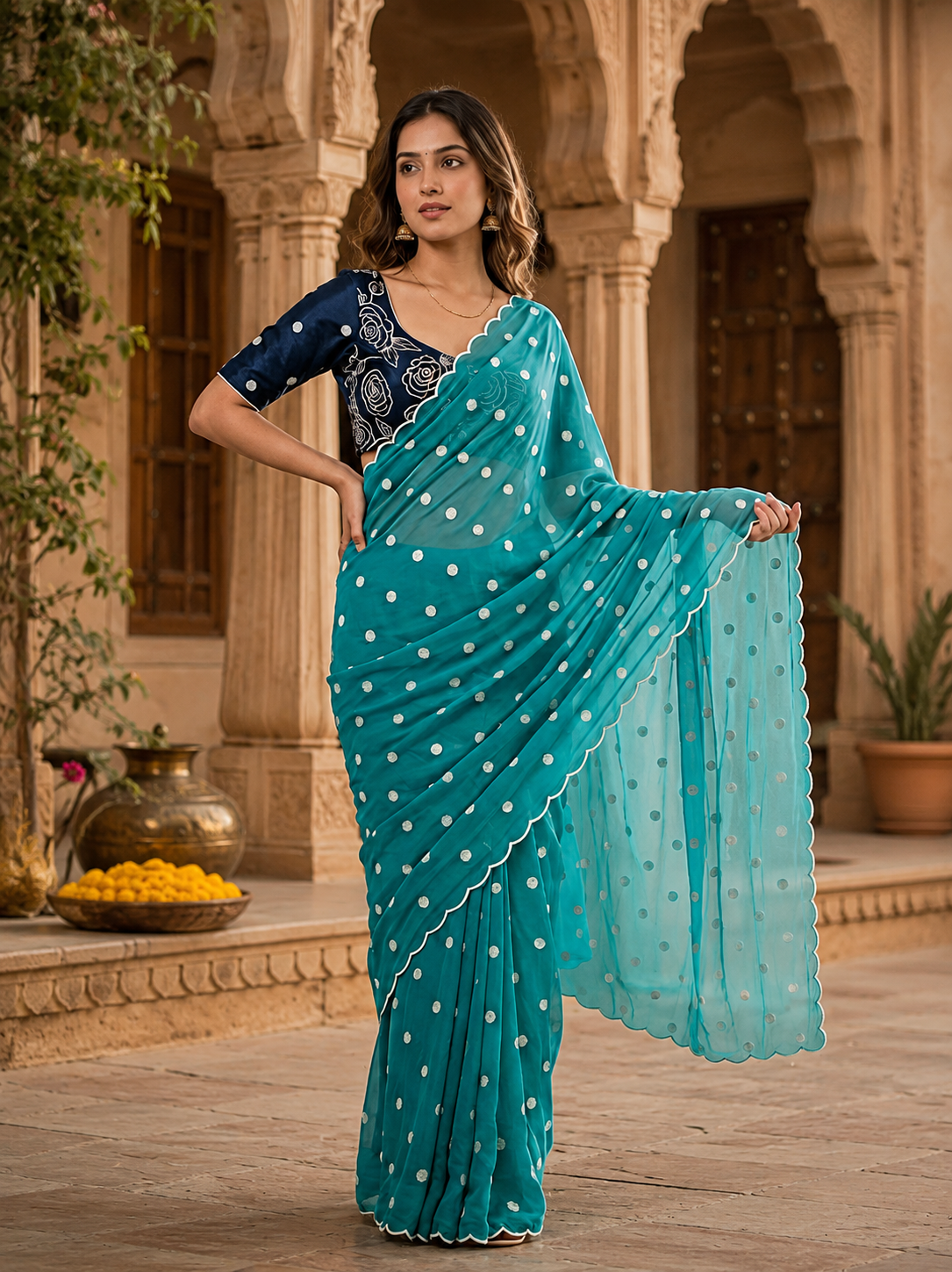 Georgette Embroidery Work Saree with Unstitched Blouse(Blue)