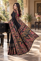 Premium Pashmina Kashmiri  Meenakari Weaves Tassels Saree (Black )