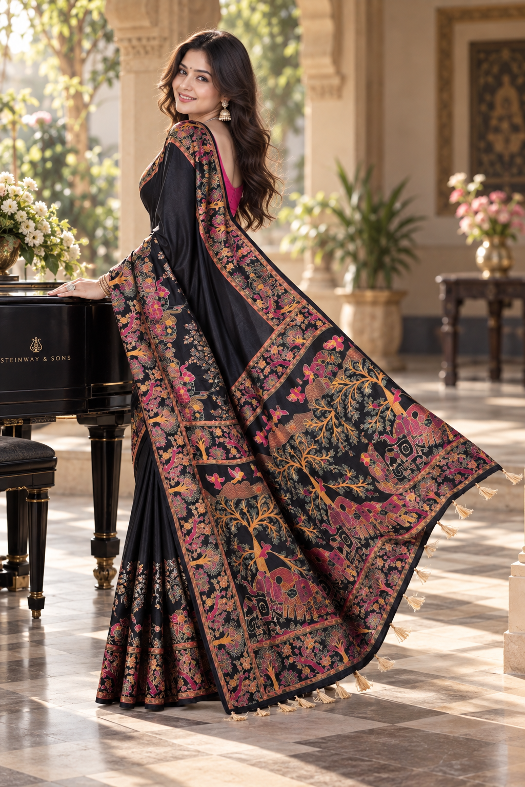 Premium Pashmina Kashmiri  Meenakari Weaves Tassels Saree (Black )