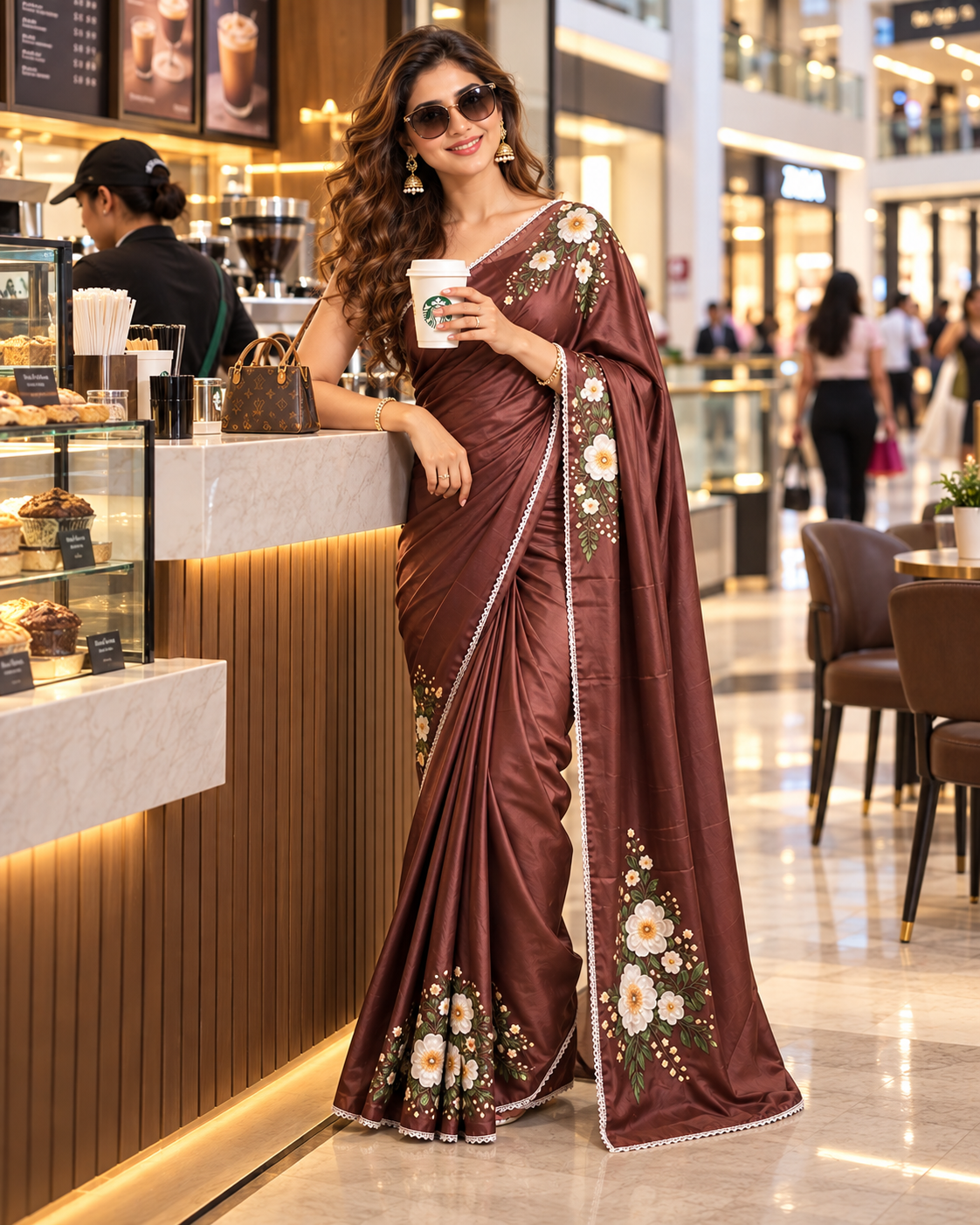 Satin Silk Printed Saree With Unstitched Blouse ( Coffee Brown)