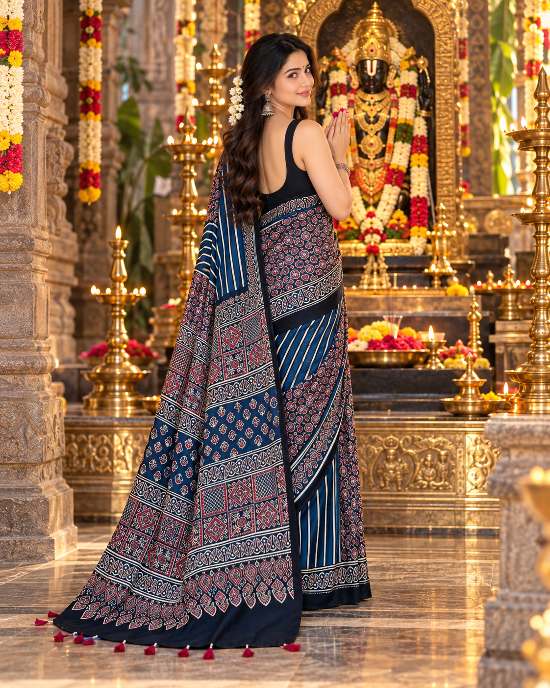 Premium Pure Satin Silk Ajrakh Print Saree With Unstitched Blouse(Black)