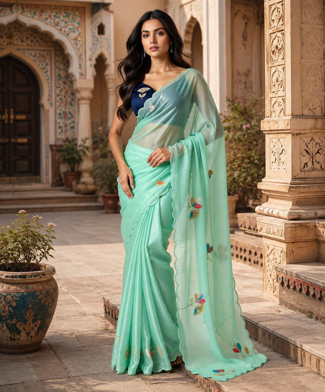 Premium Georgette Floral Print Saree With Unstitched Blouse(Green)
