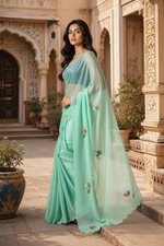 Load image into Gallery viewer, Premium Georgette Floral Print Saree With Unstitched Blouse(Green)
