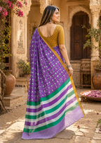 Mulmul Cotton Bagru Block Print Saree With Unstitched Blouse(Purple)