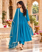 Chanderi Cotton Kurti Pant Set With Dupatta(Blue)