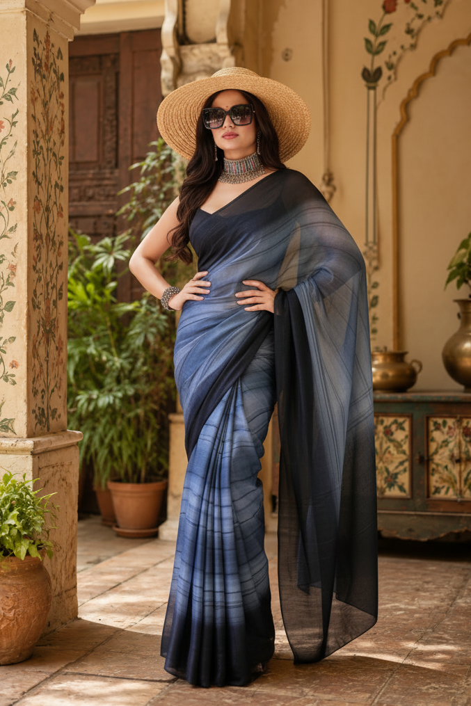 Georgette Ready To Wear Saree With Unstitched Blouse(Grey)