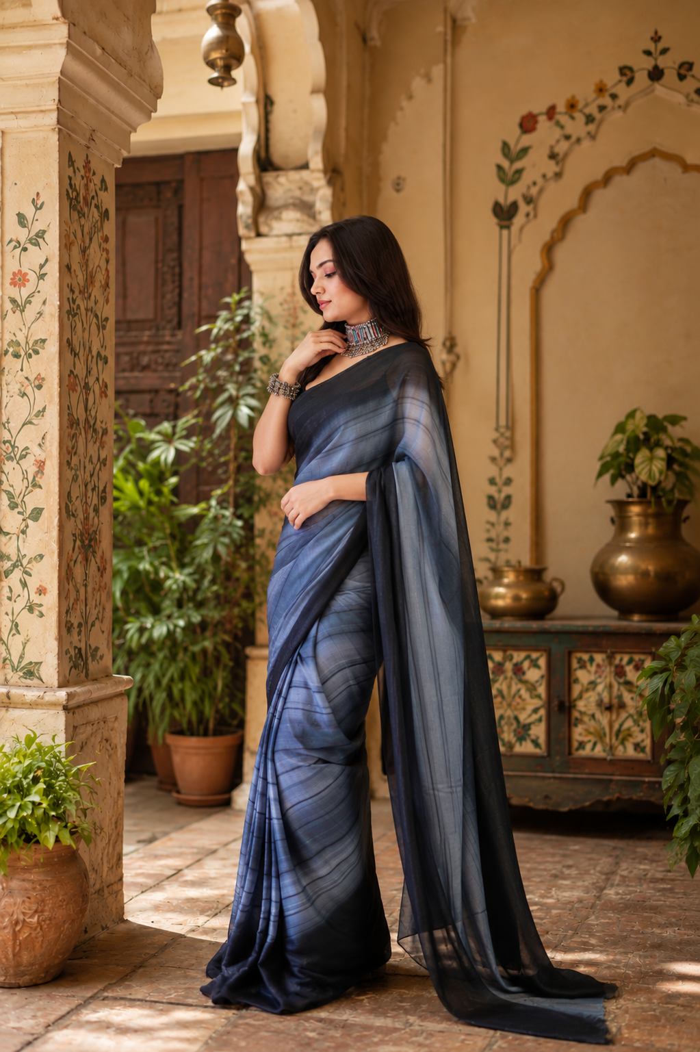 Georgette Ready To Wear Saree With Unstitched Blouse(Grey)