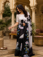 Satin Silk Printed Saree With Unstitched Blouse(White)