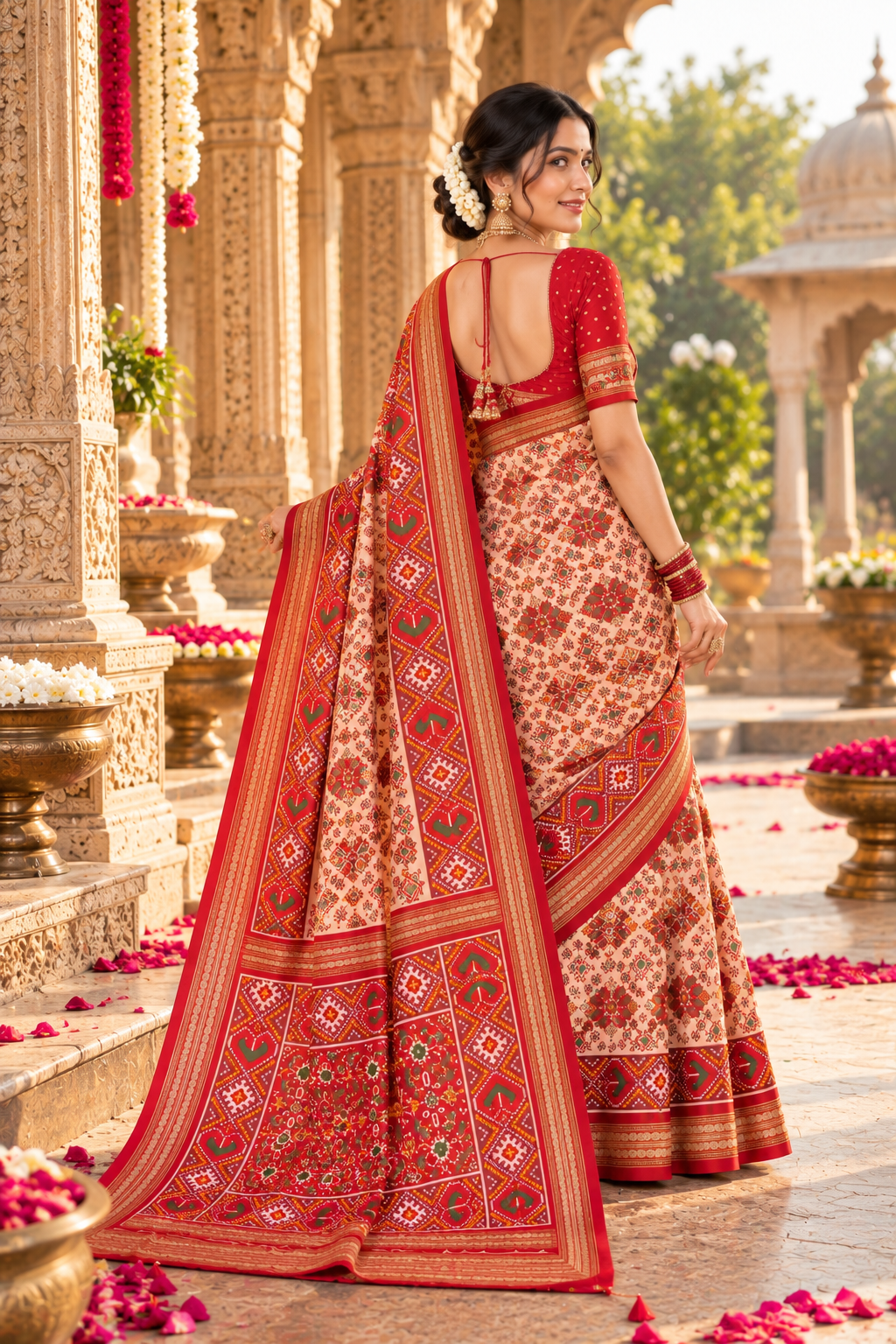 Premium Ashika Handloom Silk Patola Lagadi Patta Zari Border Tassels Saree (Cream)