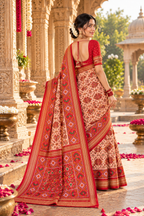Premium Ashika Handloom Silk Patola Lagadi Patta Zari Border Tassels Saree (Cream)