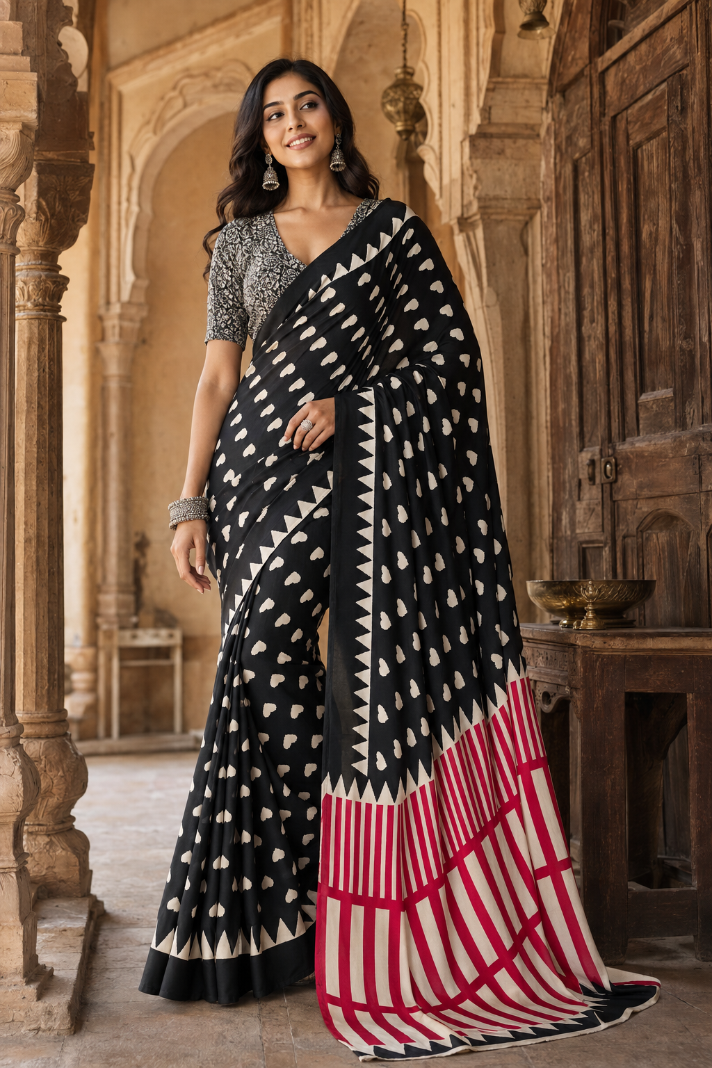 Satin Silk Ajrakh Print Saree With Unstitched Blouse(Black)