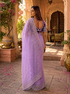 Soft Organza Embroidered Work Saree With Unstitched Blouse(Violet)