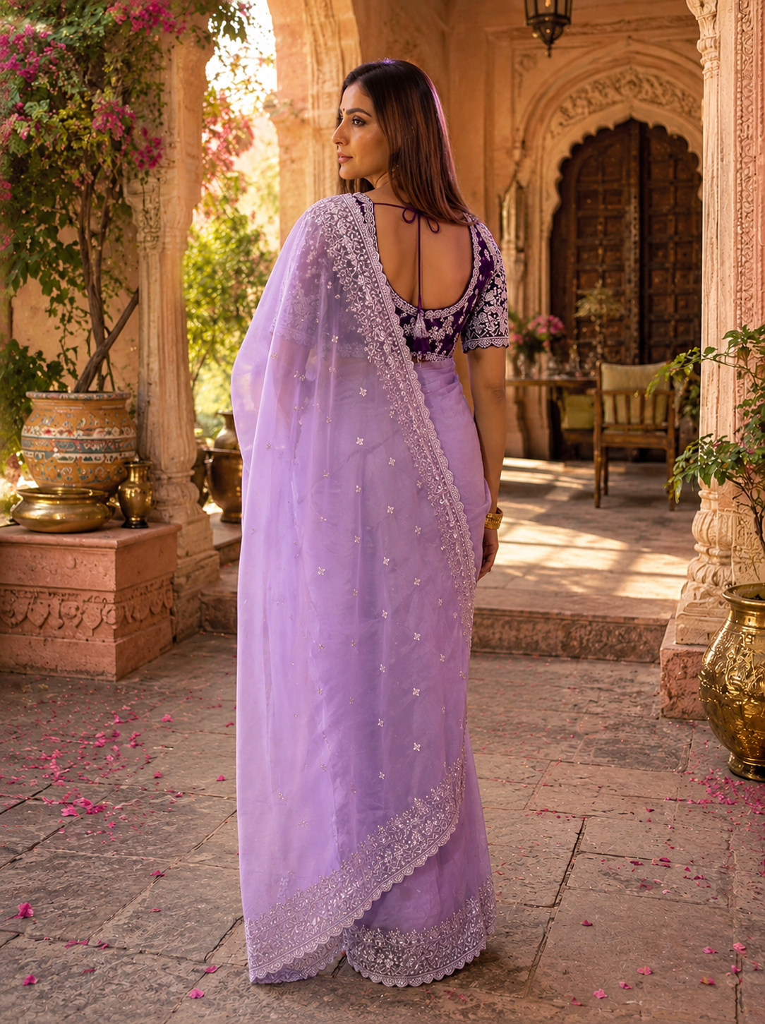 Soft Organza Embroidered Work Saree With Unstitched Blouse(Violet)