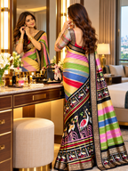 Premium Dola Silk Multicolored Stripes Weaving Border Saree With Unstitched Blouse (Multicolour)