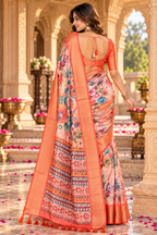Soft Litchi Silk Digital Print Saree With Unstitched Blouse(Beige)
