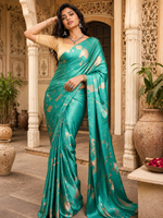 Load image into Gallery viewer, Premium Satin Silk Printed Saree With Unstitched Blouse(Blue)
