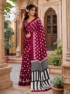 Satin Silk Ajrakh Print Saree With Unstitched Blouse(Wine)