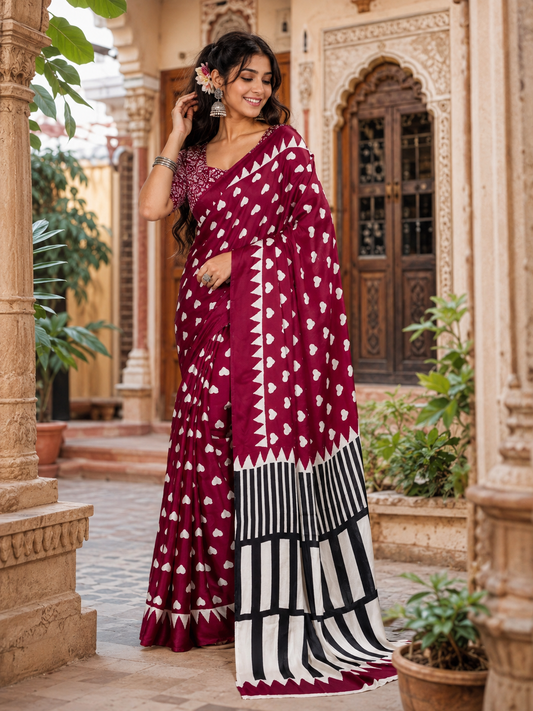 Satin Silk Ajrakh Print Saree With Unstitched Blouse(Wine)