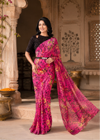 Satin Silk Floral Printed Saree With Unstitched Blouse(Pink)