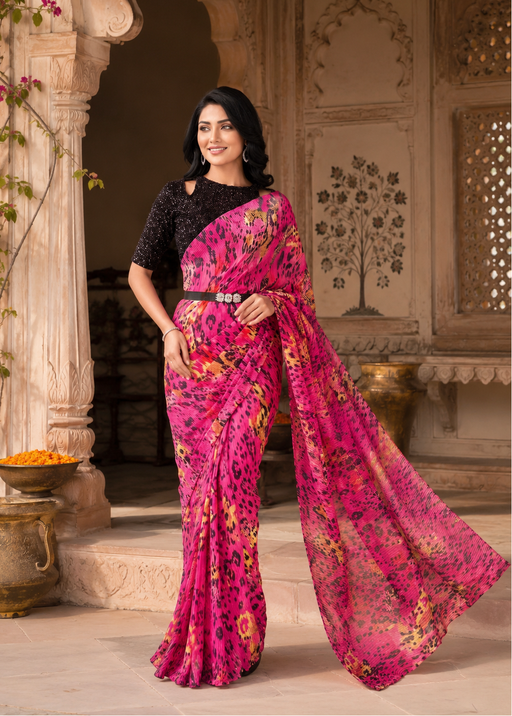 Satin Silk Floral Printed Saree With Unstitched Blouse(Pink)