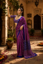 Satin Ajrakh Printed Saree With Unstitched Blouse(Wine)
