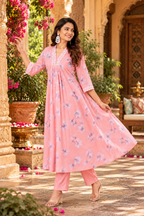 Georgette Chikankari Kurti Pant Set(Pink)