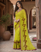 Georgette Embroidery Work Saree With Unstitched Blouse(Olive)