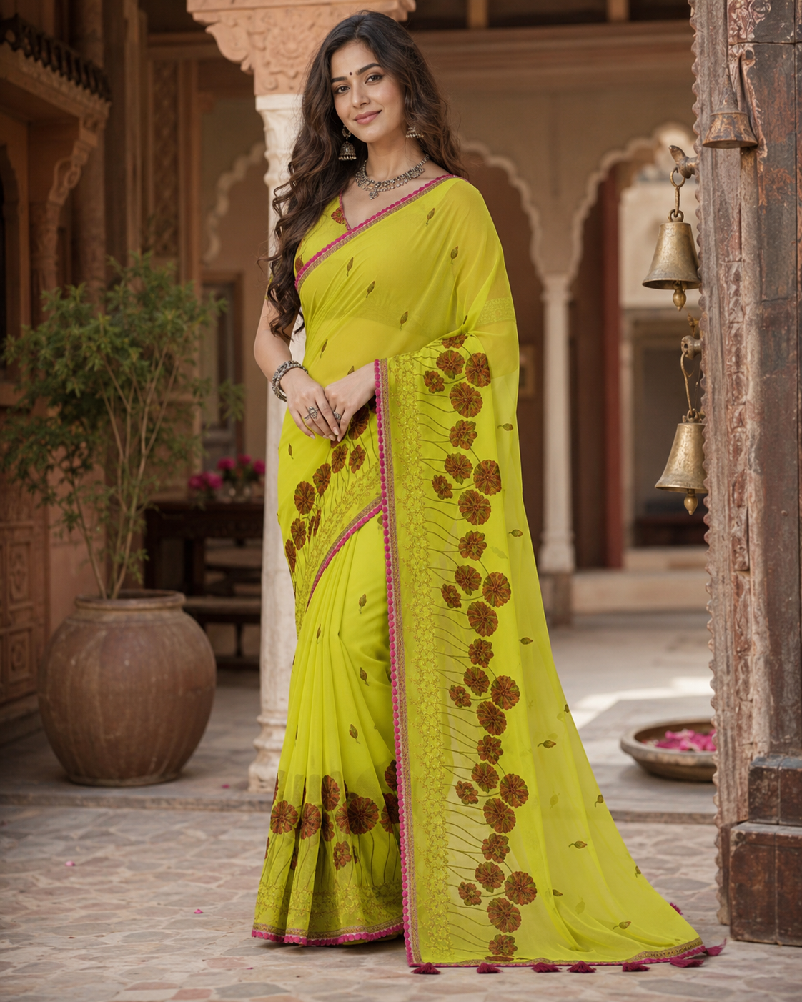 Georgette Embroidery Work Saree With Unstitched Blouse(Olive)