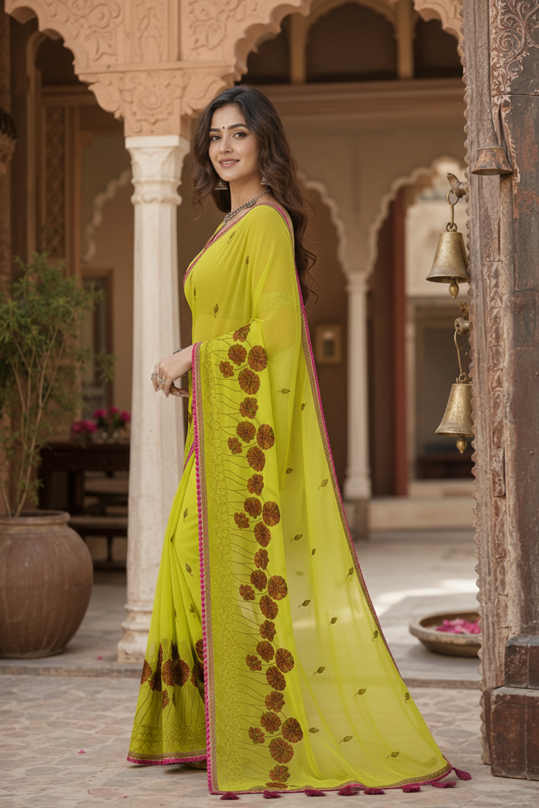 Georgette Embroidery Work Saree With Unstitched Blouse(Olive)